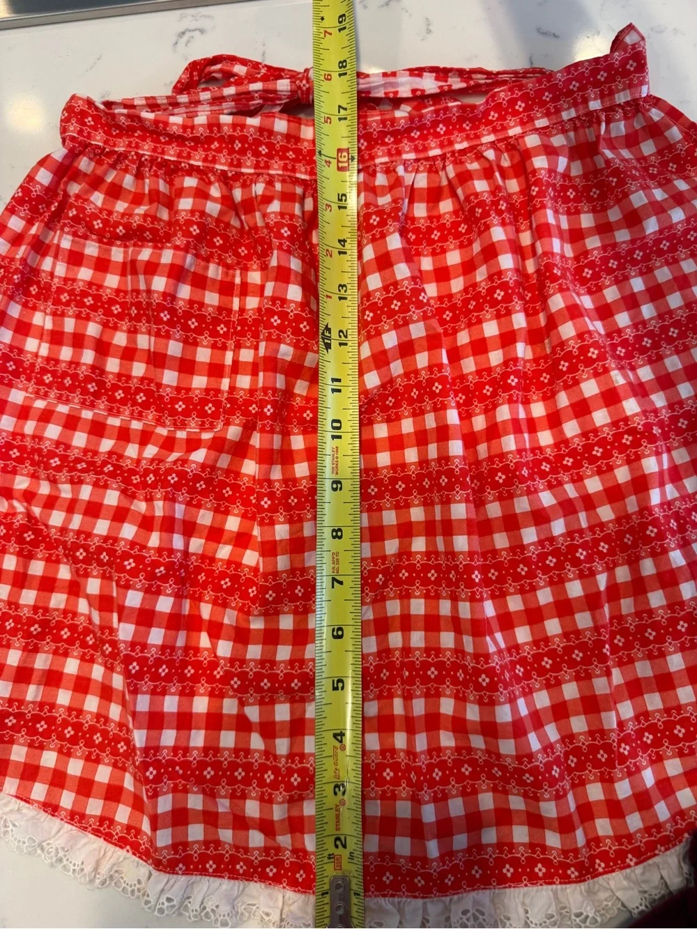 Vintage Red White Gingham Half Apron Eyelet Lace Cottage Farmhouse